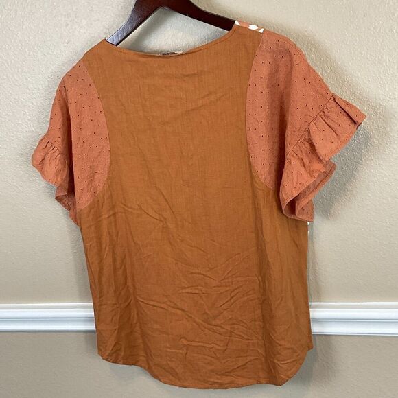 Umgee Linen Blend Top S Orange Flutter Sleeve Eyelet Mixed Media Animal Print R3 - Picture 6 of 12
